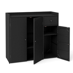 Outdoor PE Wicker Storage Cabinet with 3 Doors and Adjustable Shelves and Drawer-Black
