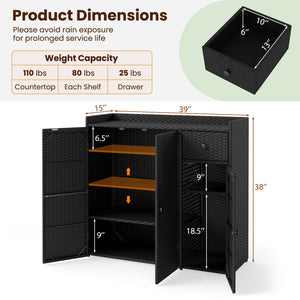 Outdoor PE Wicker Storage Cabinet with 3 Doors and Adjustable Shelves and Drawer-Black