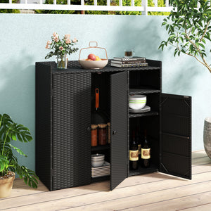 Outdoor PE Wicker Storage Cabinet with 3 Doors and Adjustable Shelves and Drawer-Black
