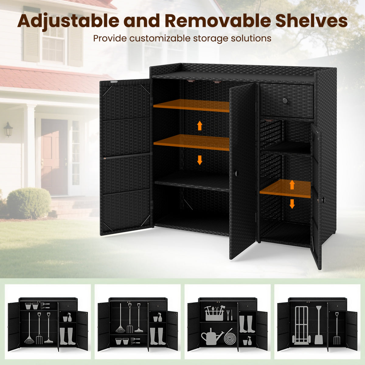 Outdoor PE Wicker Storage Cabinet with 3 Doors and Adjustable Shelves and Drawer-Black