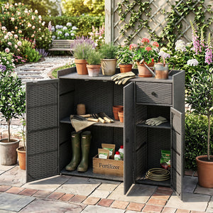 Outdoor PE Wicker Storage Cabinet with 3 Doors and Adjustable Shelves and Drawer-Gray