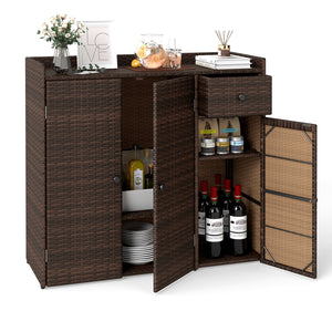 Outdoor PE Wicker Storage Cabinet with 3 Doors and Adjustable Shelves and Drawer-Brown