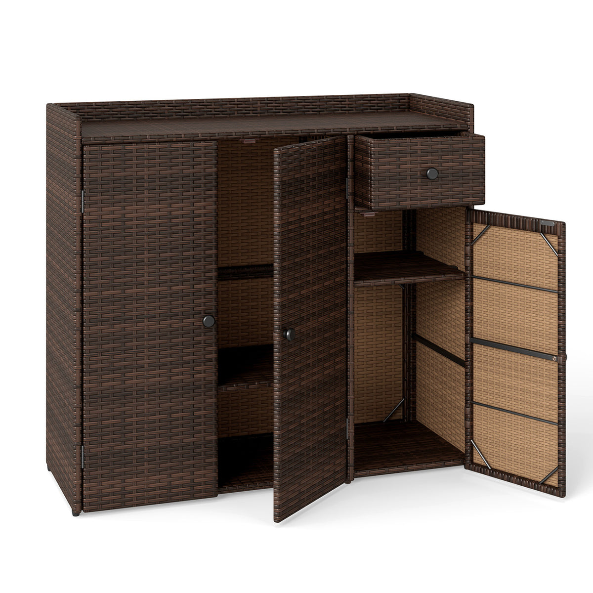 Outdoor PE Wicker Storage Cabinet with 3 Doors and Adjustable Shelves and Drawer-Brown