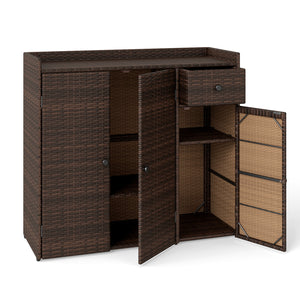 Outdoor PE Wicker Storage Cabinet with 3 Doors and Adjustable Shelves and Drawer-Brown