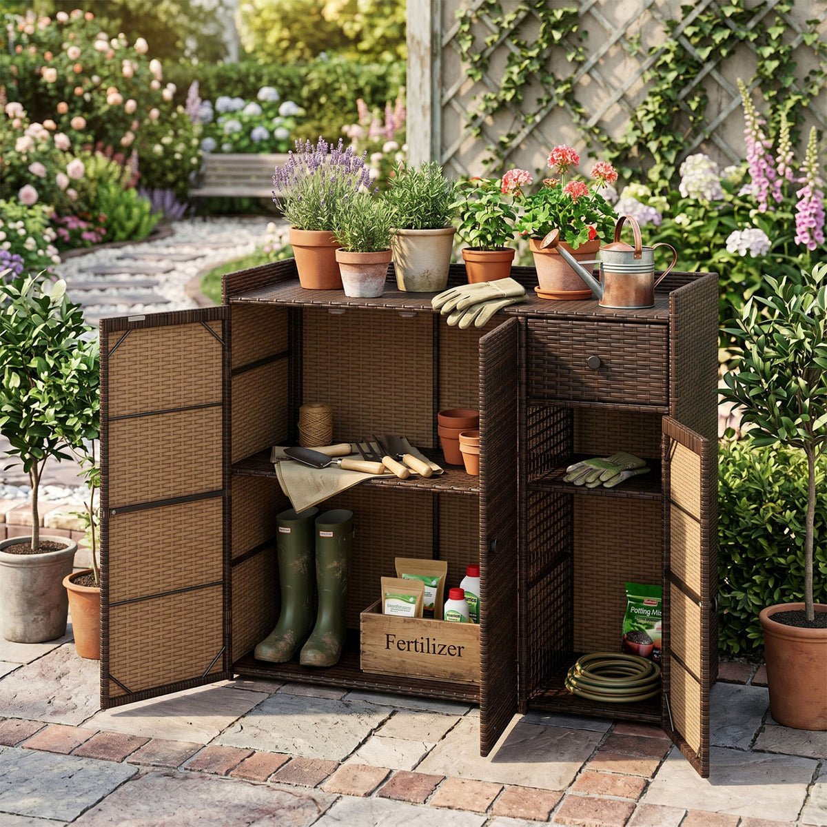 Outdoor PE Wicker Storage Cabinet with 3 Doors and Adjustable Shelves and Drawer-Brown