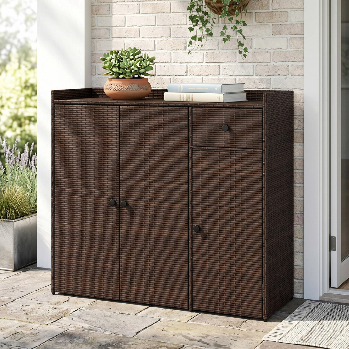 Outdoor PE Wicker Storage Cabinet with 3 Doors and Adjustable Shelves and Drawer-Brown