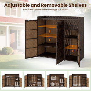 Outdoor PE Wicker Storage Cabinet with 3 Doors and Adjustable Shelves and Drawer-Brown