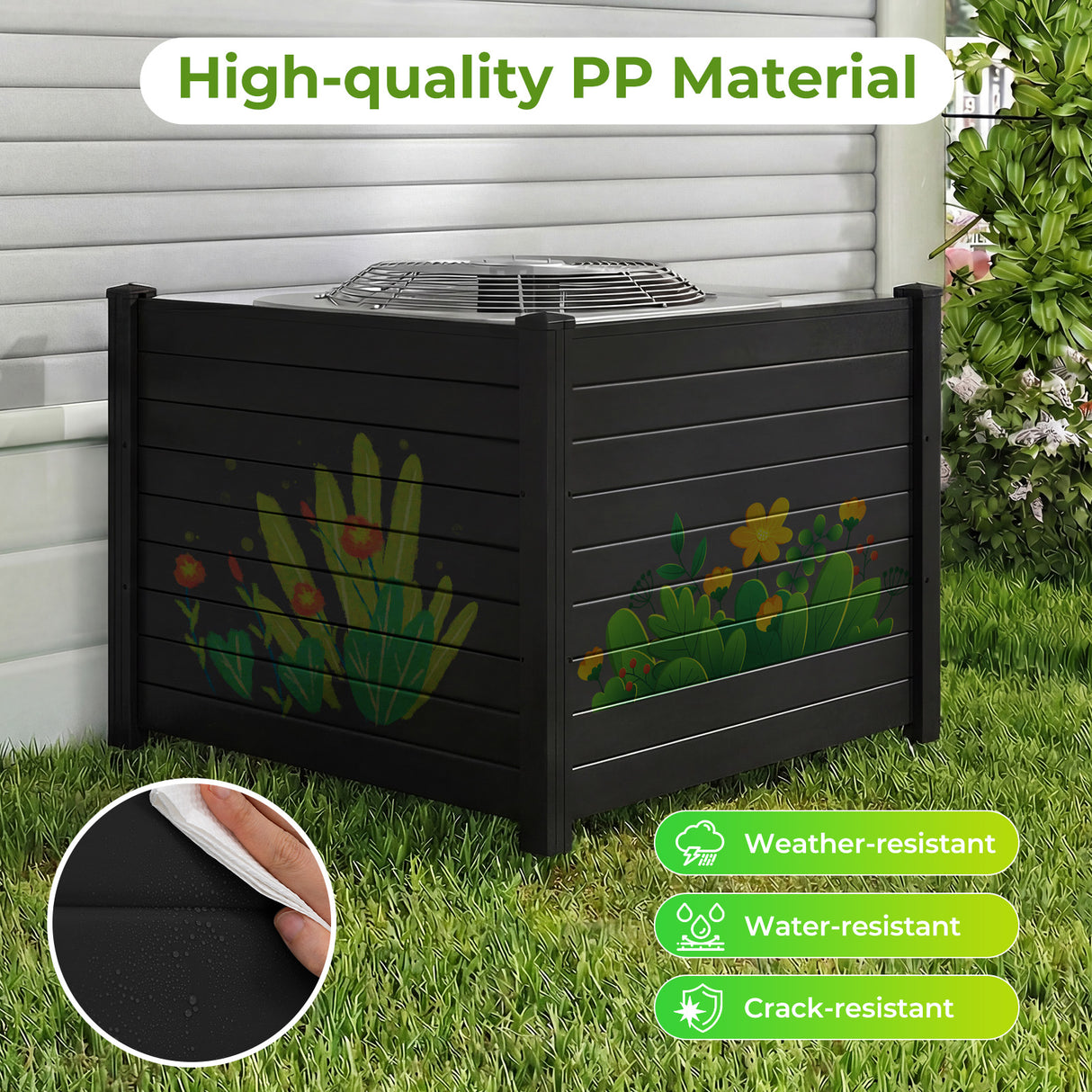 Outdoor PVC Air Conditioner Fence with 20 Inch Long Stakes-Black