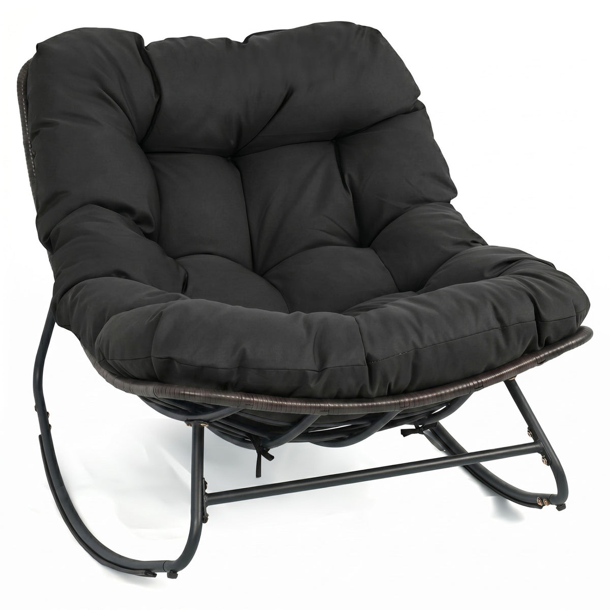 Outdoor Papasan Rocking Chair with Thick Cushion and Pads-Black