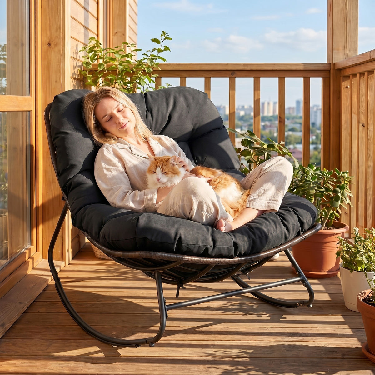 Outdoor Papasan Rocking Chair with Thick Cushion and Pads-Black