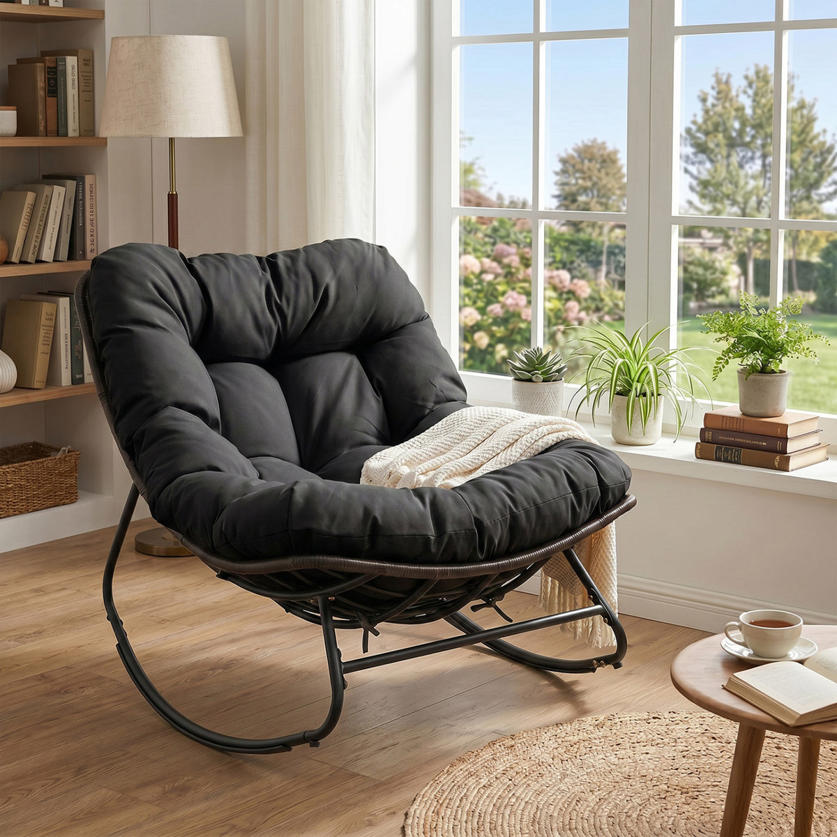 Outdoor Papasan Rocking Chair with Thick Cushion and Pads-Black