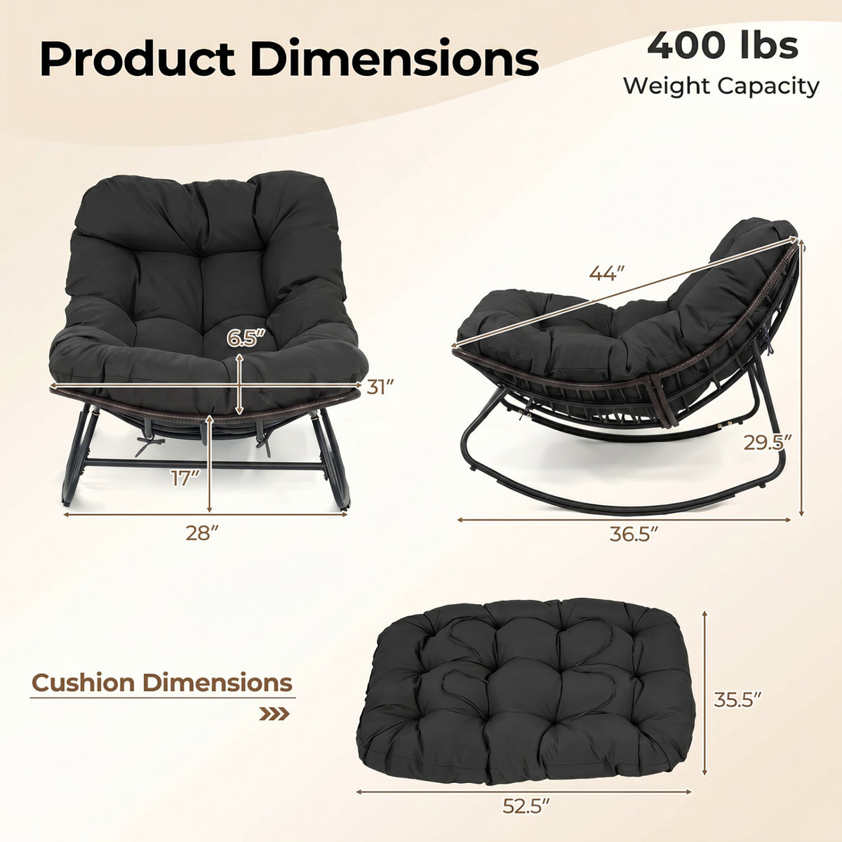 Outdoor Papasan Rocking Chair with Thick Cushion and Pads-Black