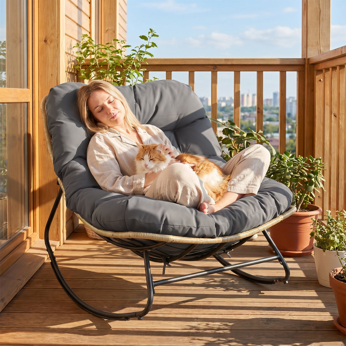 Outdoor Papasan Rocking Chair with Thick Cushioned Seat for Patio-Gray