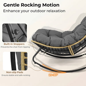 Outdoor Papasan Rocking Chair with Thick Cushioned Seat for Patio-Gray