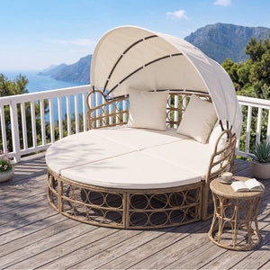 Outdoor Patio Daybed with Retractable Canopy and Cushions Yellow Wicker Rattan Furniture Set-White