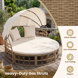 Outdoor Patio Daybed with Retractable Canopy and Cushions Yellow Wicker Rattan Furniture Set-White