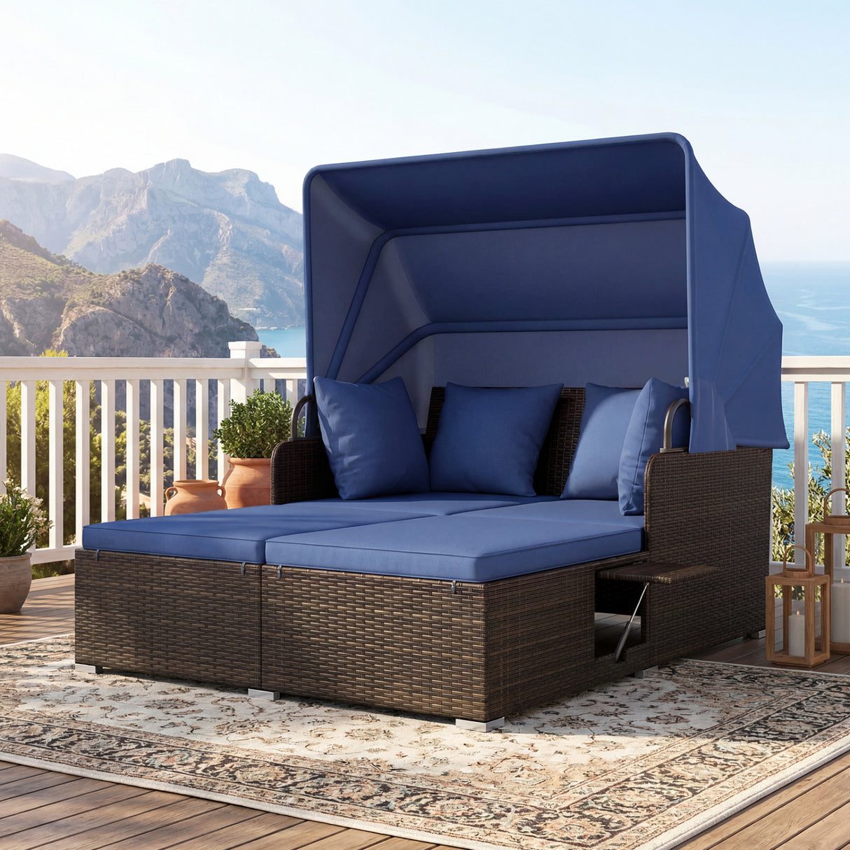 Outdoor Patio Rattan Daybed with Retractable Canopy and Side Tables-Navy