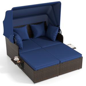 Outdoor Patio Rattan Daybed with Retractable Canopy and Side Tables-Navy