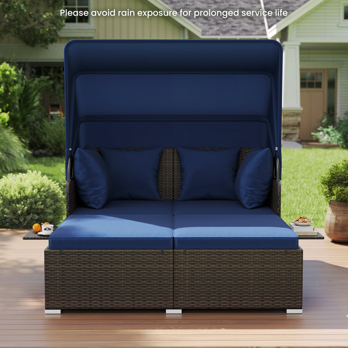 Outdoor Patio Rattan Daybed with Retractable Canopy and Side Tables-Navy
