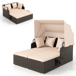 Outdoor Patio Rattan Daybed with Retractable Canopy and Side Tables-Beige