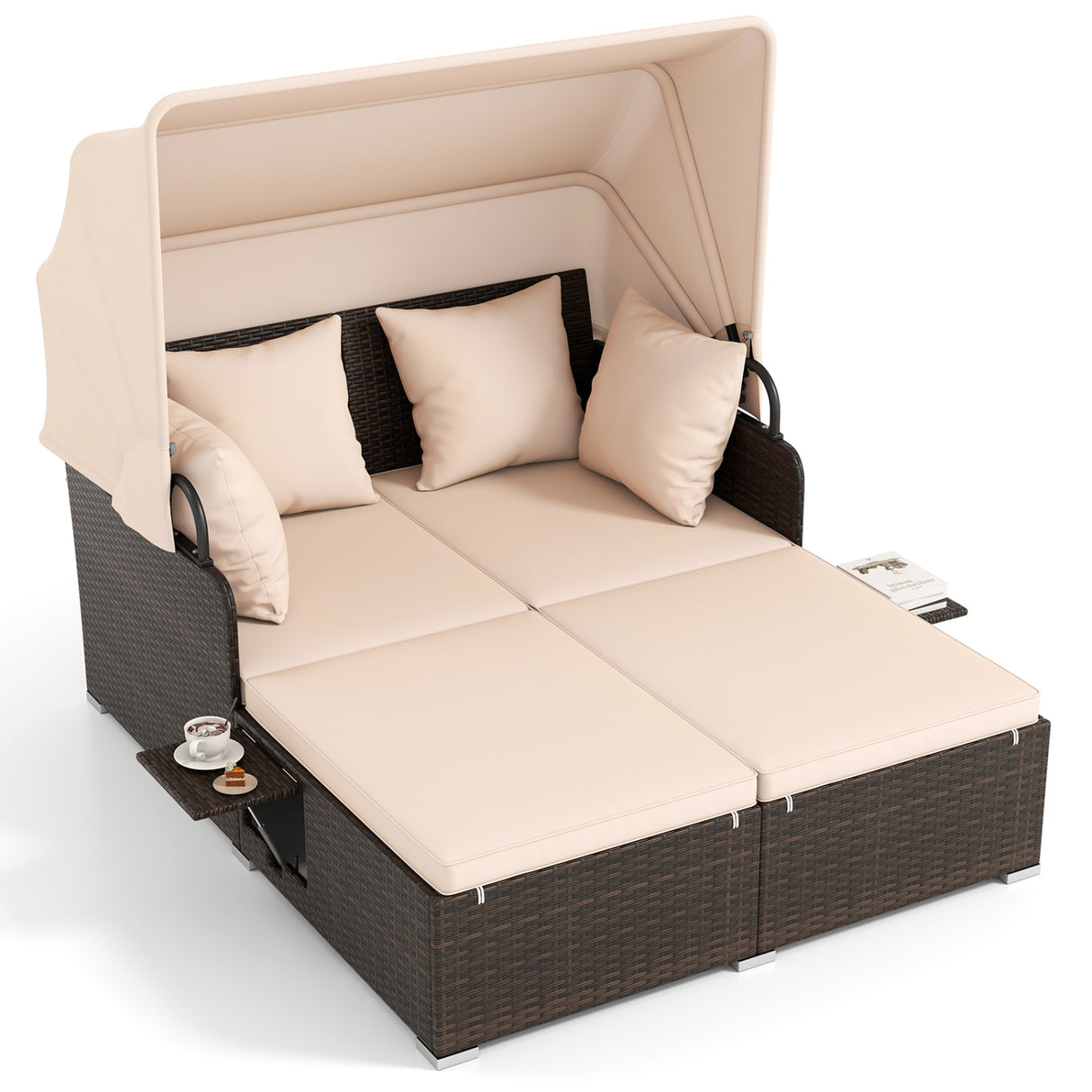 Outdoor Patio Rattan Daybed with Retractable Canopy and Side Tables-Beige
