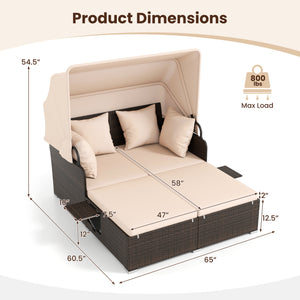 Outdoor Patio Rattan Daybed with Retractable Canopy and Side Tables-Beige
