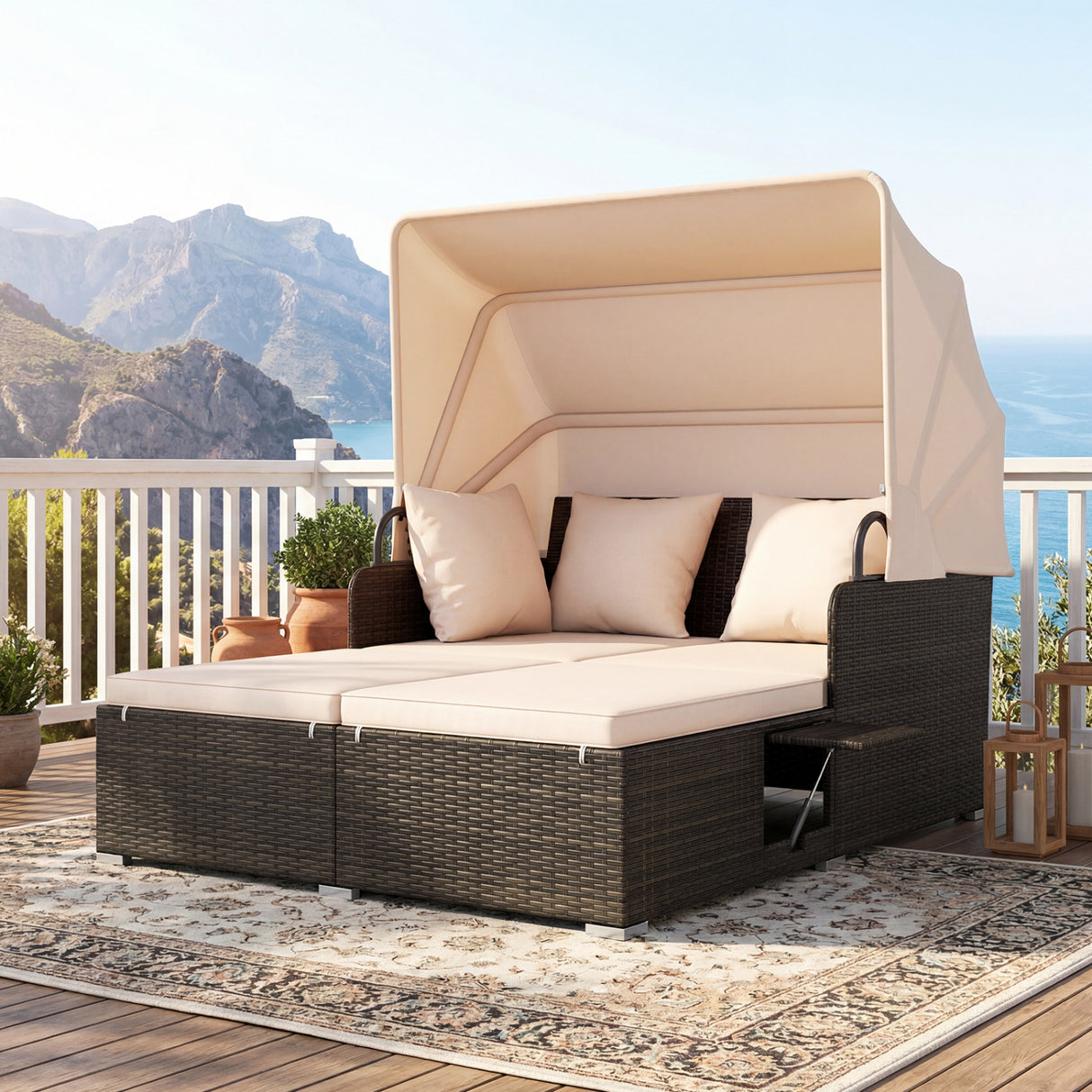 Outdoor Patio Rattan Daybed with Retractable Canopy and Side Tables-Beige