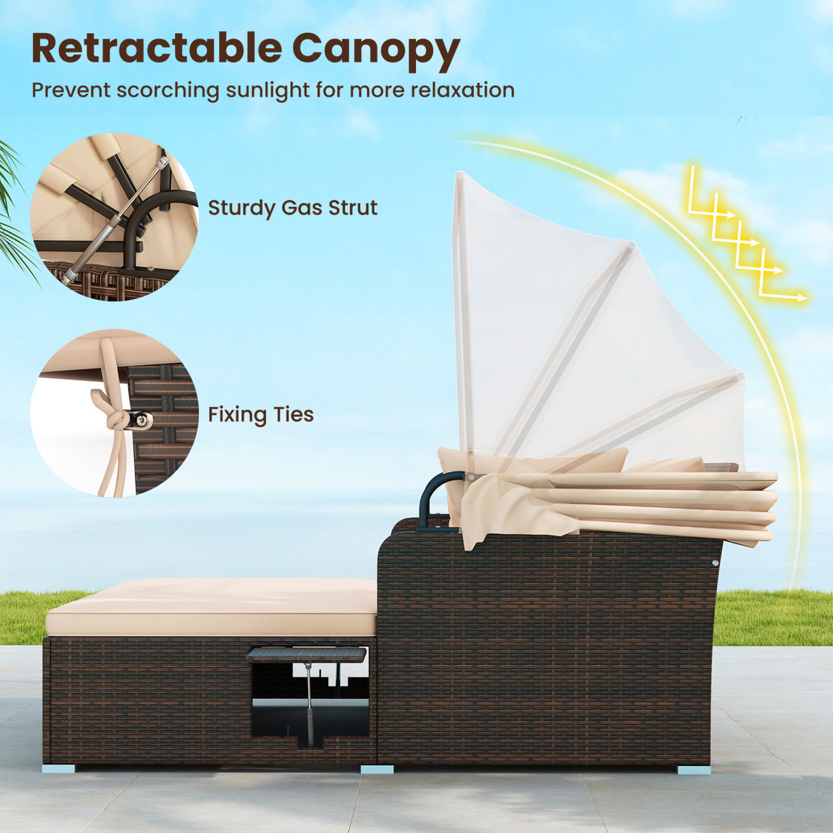 Outdoor Patio Rattan Daybed with Retractable Canopy and Side Tables-Beige