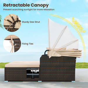 Outdoor Patio Rattan Daybed with Retractable Canopy and Side Tables-Beige