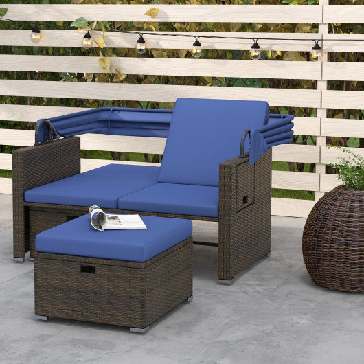 Outdoor Patio Rattan Daybed with Retractable Canopy and Adjustable Backrests-Navy