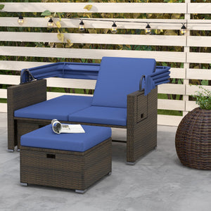 Outdoor Patio Rattan Daybed with Retractable Canopy and Adjustable Backrests-Navy