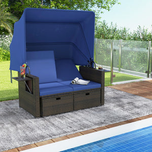 Outdoor Patio Rattan Daybed with Retractable Canopy and Adjustable Backrests-Navy