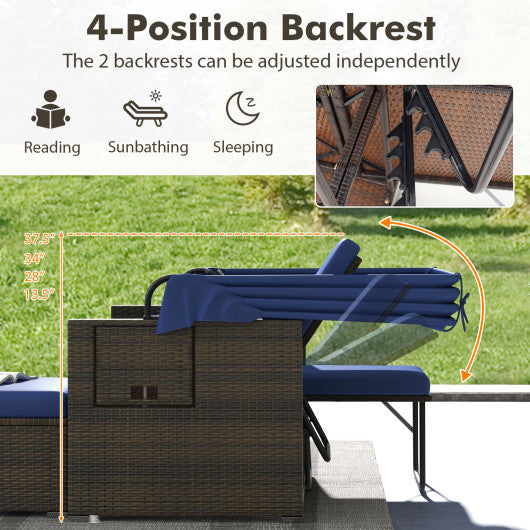 Outdoor Patio Rattan Daybed with Retractable Canopy and Adjustable Backrests-Navy