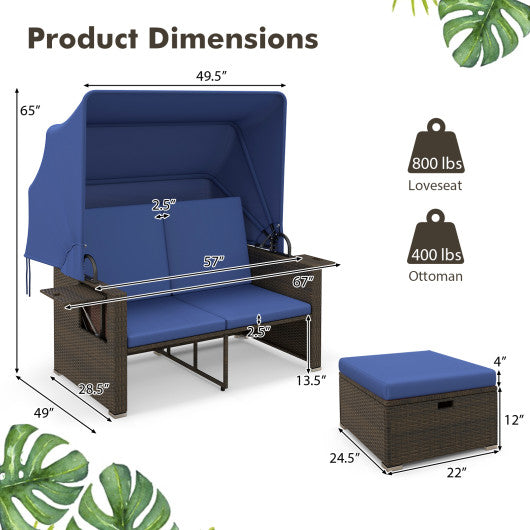 Outdoor Patio Rattan Daybed with Retractable Canopy and Adjustable Backrests-Navy
