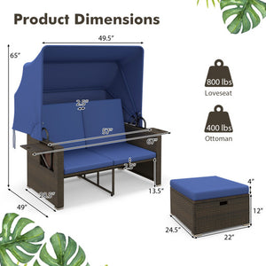 Outdoor Patio Rattan Daybed with Retractable Canopy and Adjustable Backrests-Navy