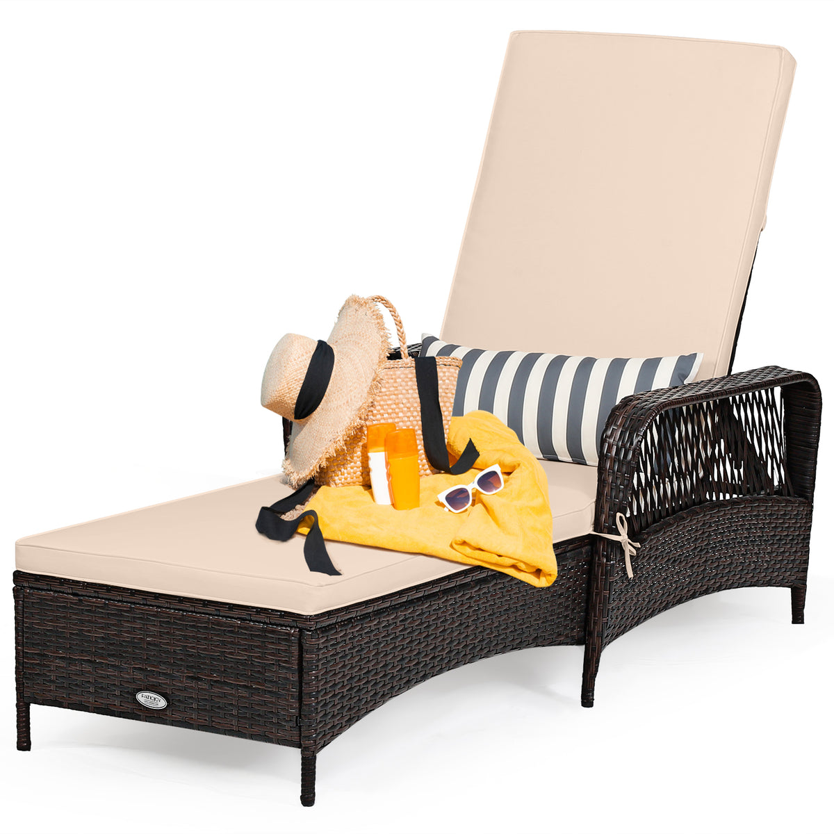Outdoor Patio Wicker Chaise Lounge Chair with Adjustable Backrest and Pillow-Beige