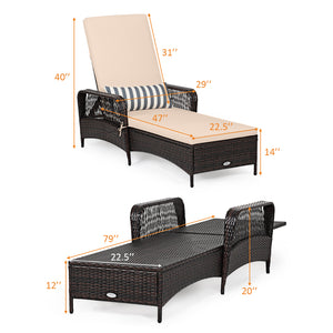Outdoor Patio Wicker Chaise Lounge Chair with Adjustable Backrest and Pillow-Beige