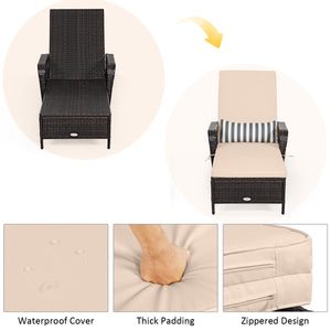 Outdoor Patio Wicker Chaise Lounge Chair with Adjustable Backrest and Pillow-Beige
