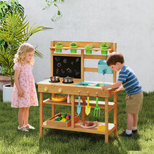 Outdoor Play Pretend Kitchen with Faucet and Removable Sinks for Children Aged 3+-Natural