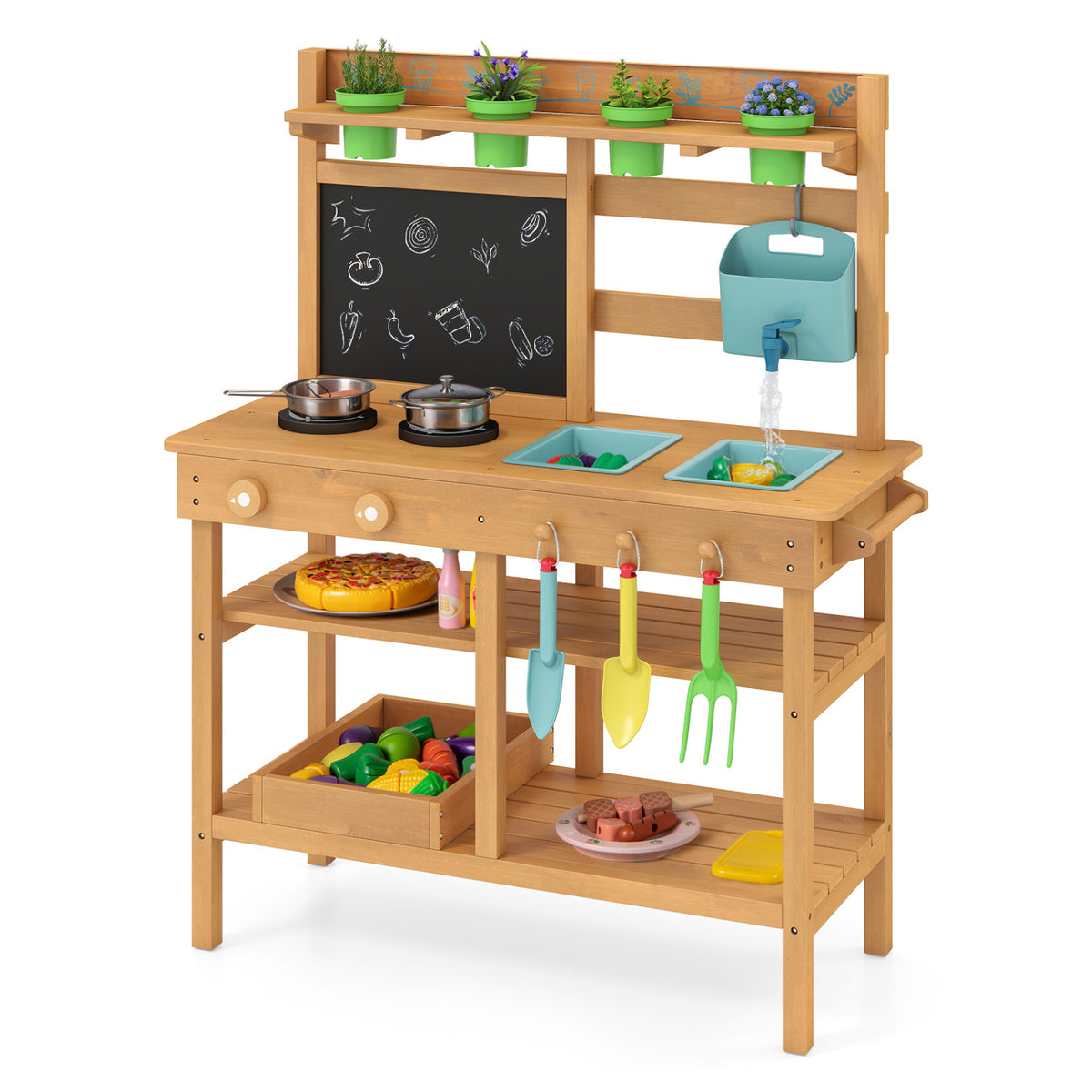 Outdoor Play Pretend Kitchen with Faucet and Removable Sinks for Children Aged 3+-Natural