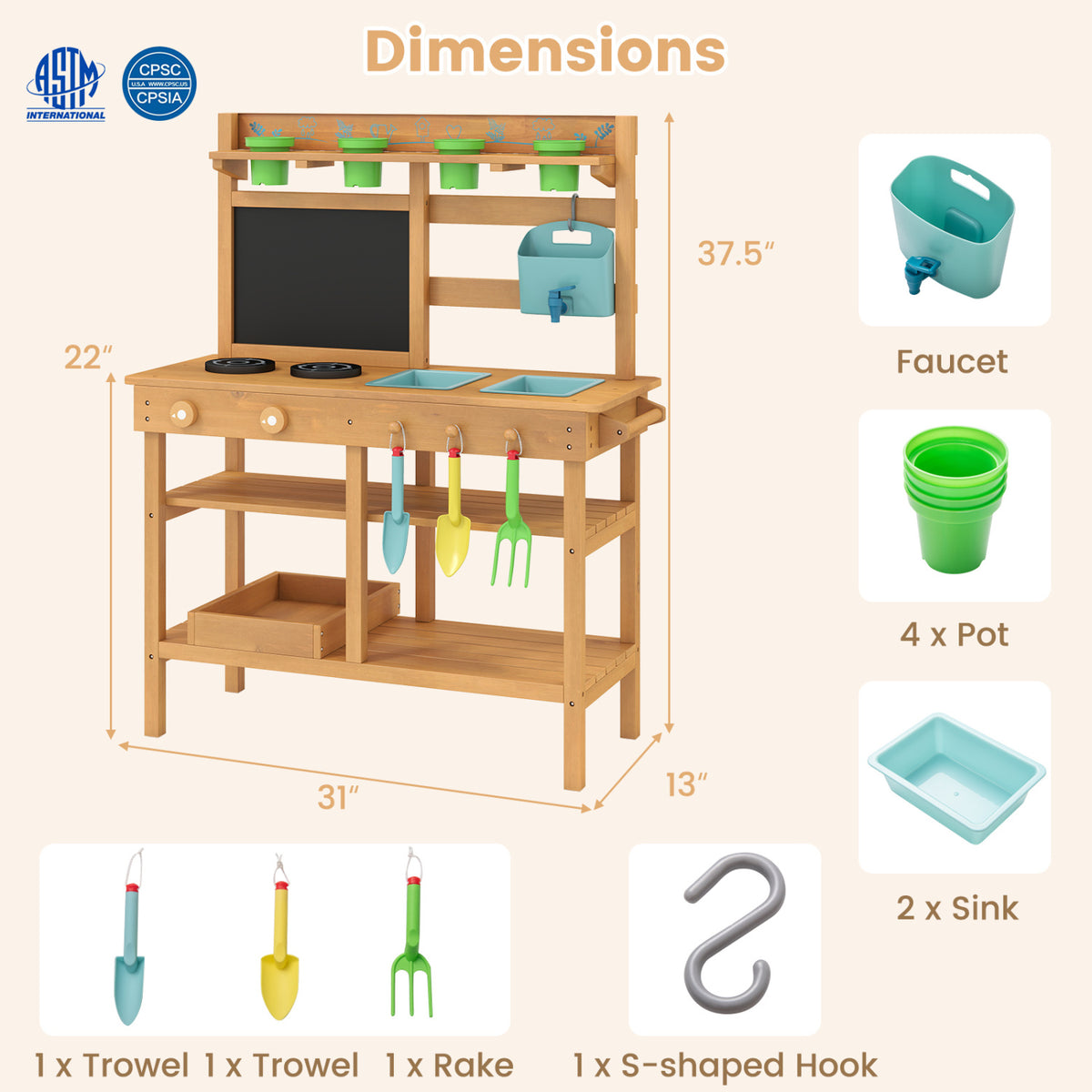 Outdoor Play Pretend Kitchen with Faucet and Removable Sinks for Children Aged 3+-Natural