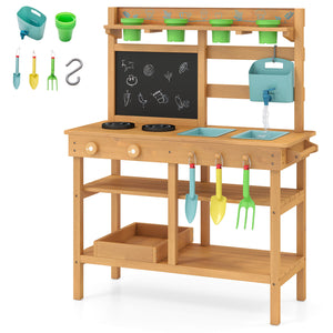 Outdoor Play Pretend Kitchen with Faucet and Removable Sinks for Children Aged 3+-Natural