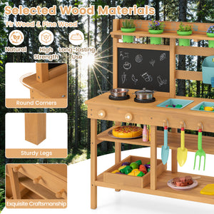 Outdoor Play Pretend Kitchen with Faucet and Removable Sinks for Children Aged 3+-Natural