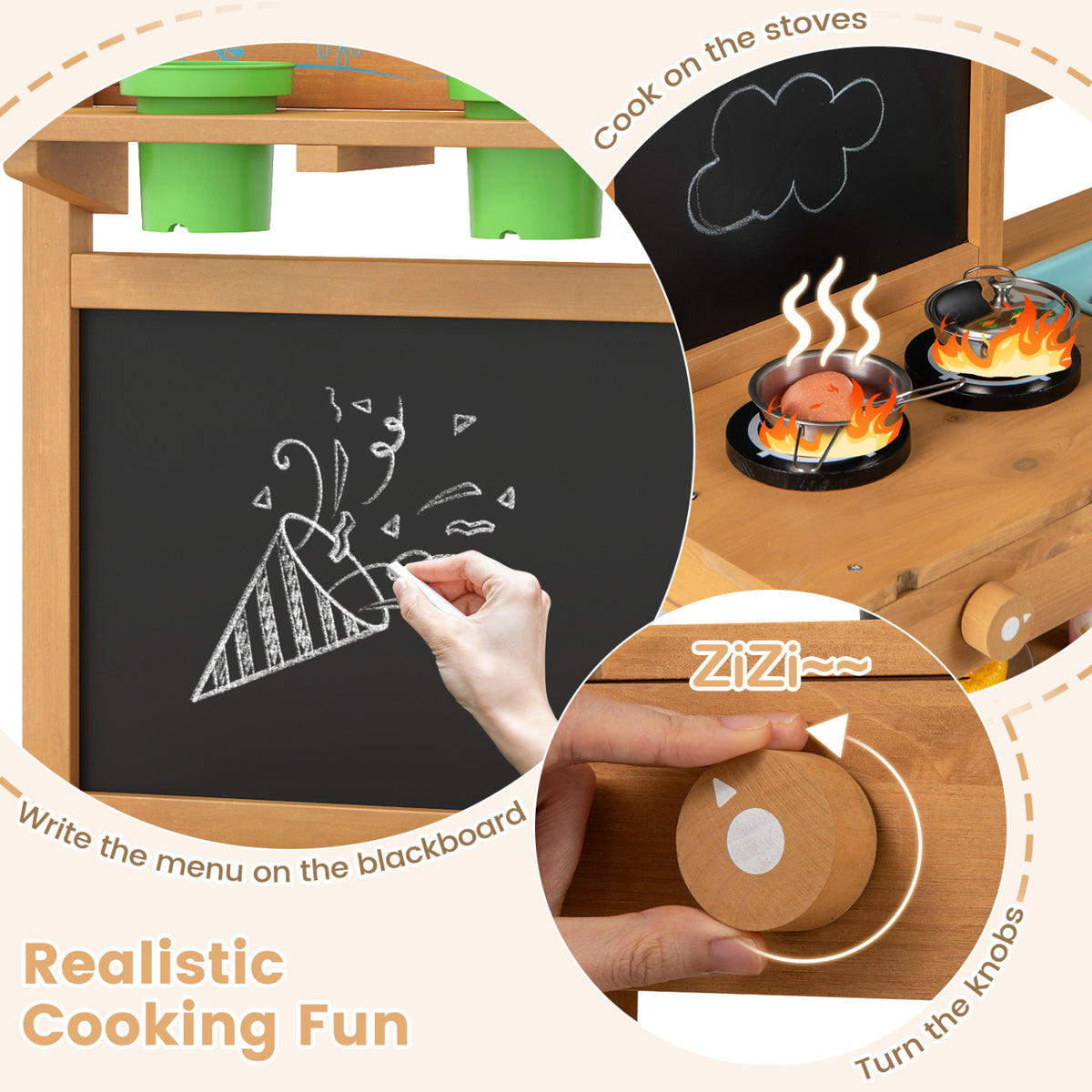 Outdoor Play Pretend Kitchen with Faucet and Removable Sinks for Children Aged 3+-Natural