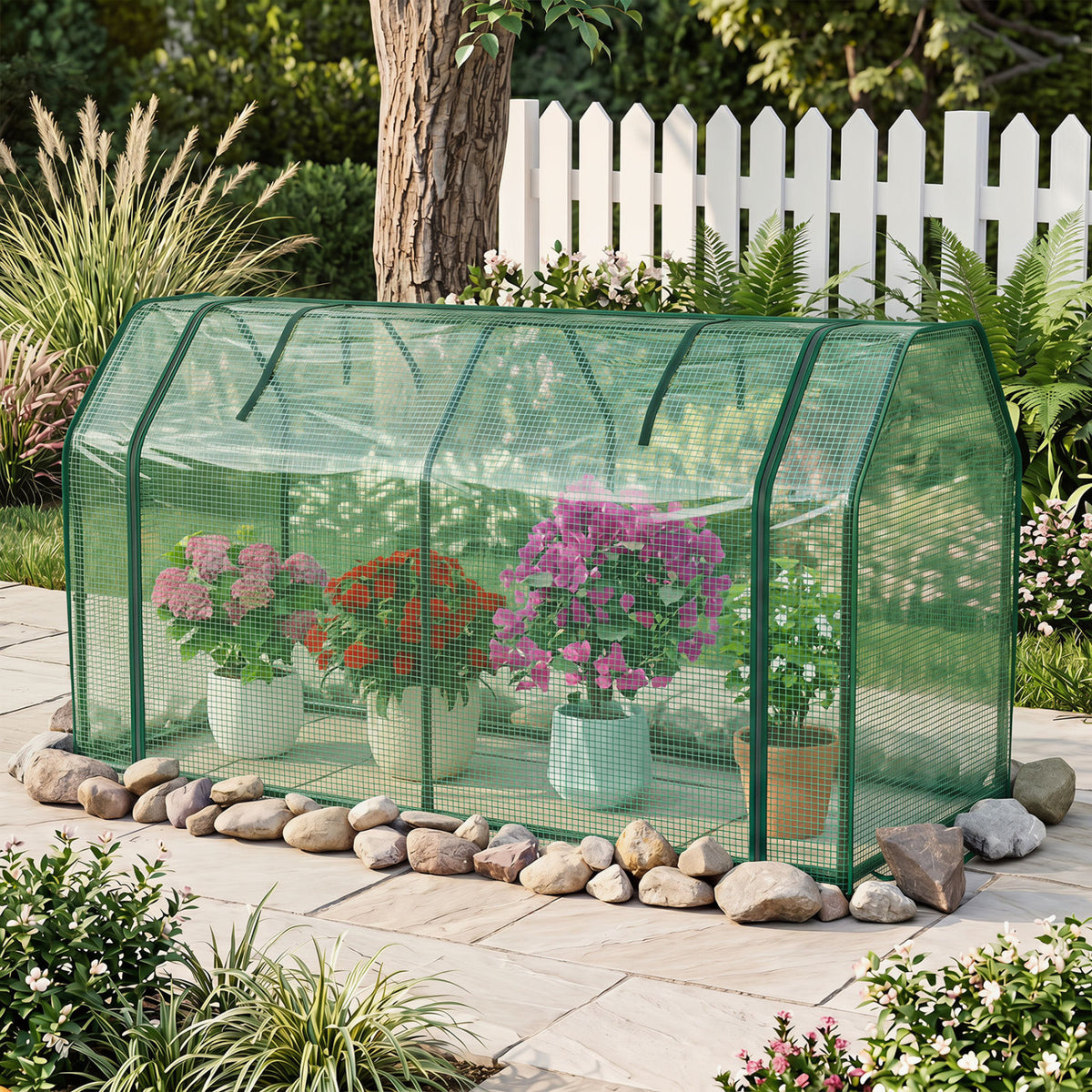 Outdoor Portable Mini Greenhouse with PE Cover and Zippered Door for Vegetables-Green
