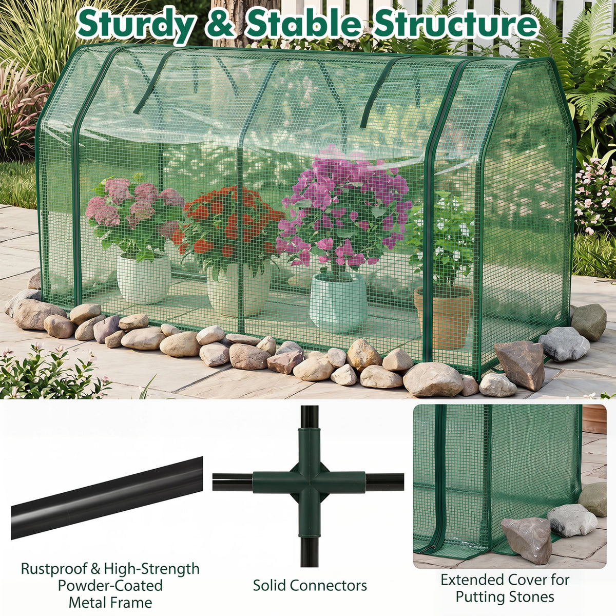 Outdoor Portable Mini Greenhouse with PE Cover and Zippered Door for Vegetables-Green