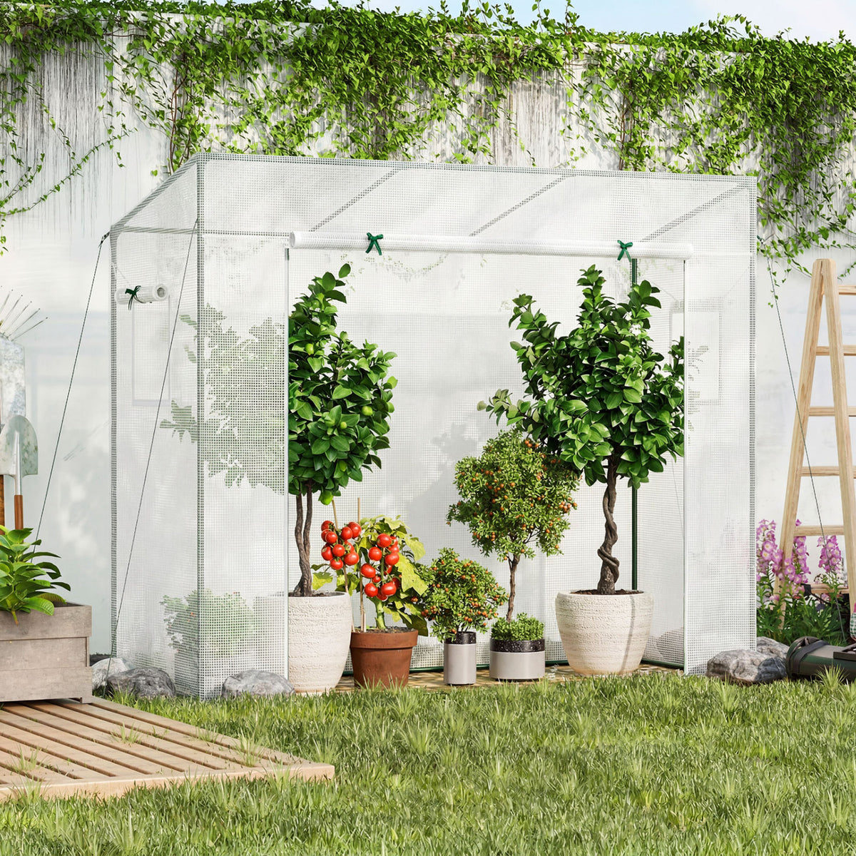 Outdoor Portable Walk-in Greenhouse with PE Cover Roll-up Zipper Door-White