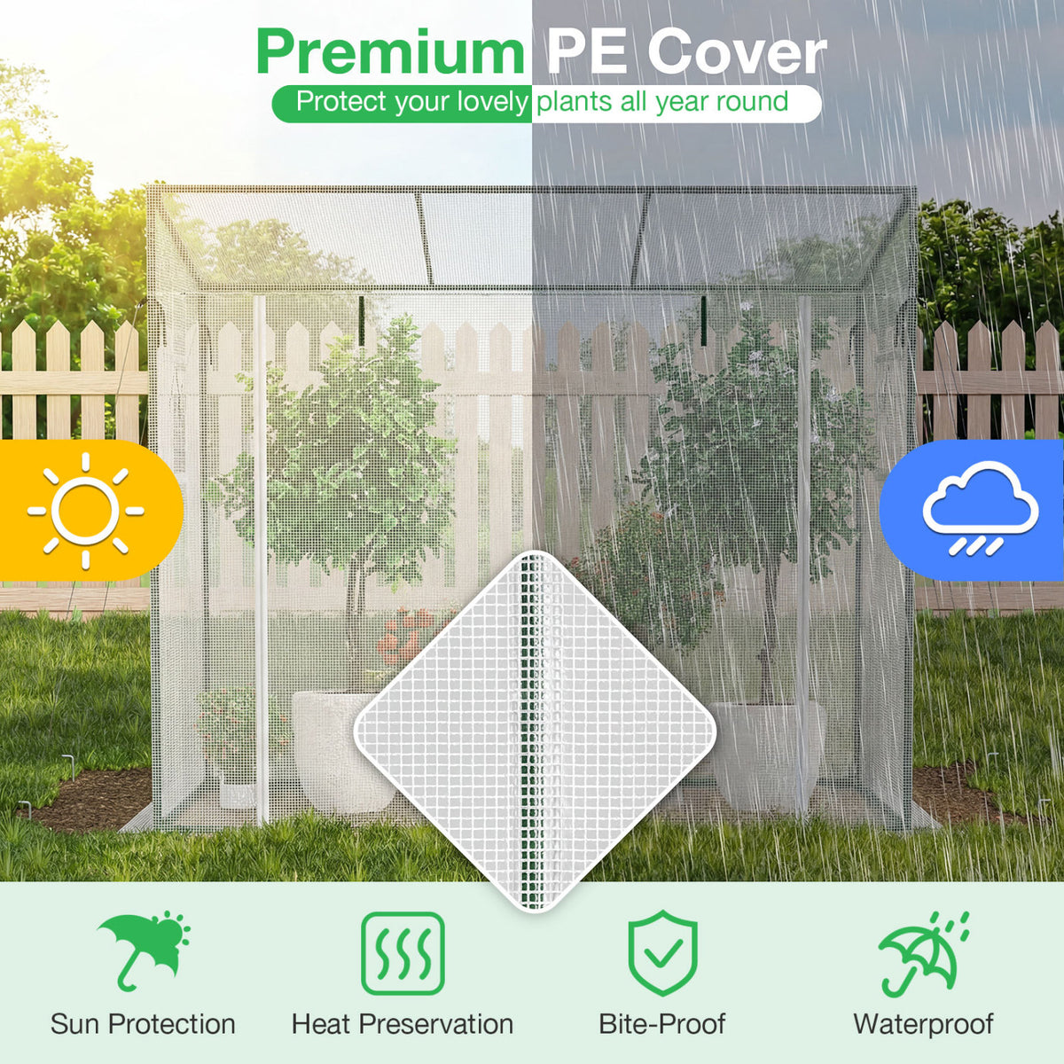 Outdoor Portable Walk-in Greenhouse with PE Cover Roll-up Zipper Door-White