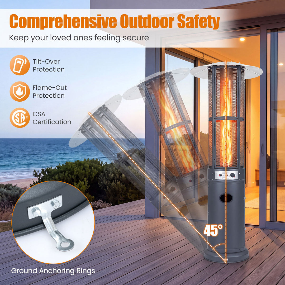 Outdoor Propane Patio Heater with Glass Tube and Tilt-Over Protection-Darkgray