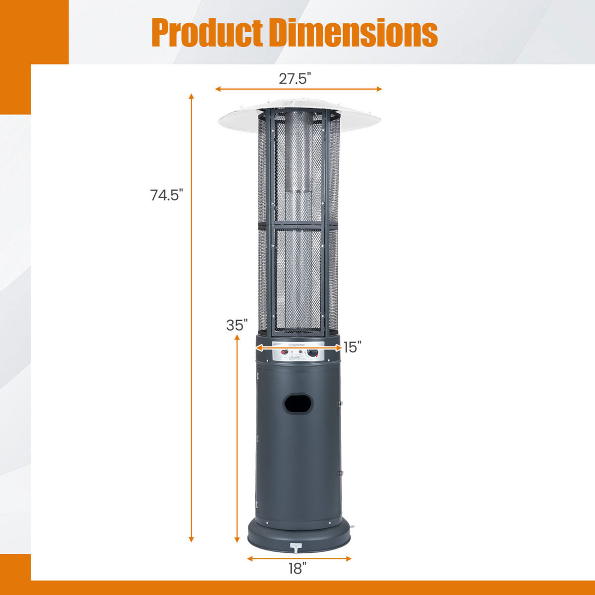 Outdoor Propane Patio Heater with Glass Tube and Tilt-Over Protection-Darkgray